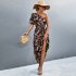 Women One Shoulder Dress Summer Short Sleeves Floral Printing Long Skirt Simple Elegant Lace up Dress black L