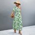 Women One Shoulder Dress Summer Short Sleeves Floral Printing Long Skirt Simple Elegant Lace up Dress black L