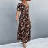 Women One Shoulder Dress Summer Short Sleeves Floral Printing Long Skirt Simple Elegant Lace up Dress black L