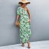 Women One Shoulder Dress Summer Short Sleeves Floral Printing Long Skirt Simple Elegant Lace up Dress black L