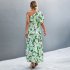 Women One Shoulder Dress Summer Short Sleeves Floral Printing Long Skirt Simple Elegant Lace up Dress black L