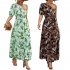 Women One Shoulder Dress Summer Short Sleeves Floral Printing Long Skirt Simple Elegant Lace up Dress black L