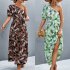 Women One Shoulder Dress Summer Short Sleeves Floral Printing Long Skirt Simple Elegant Lace up Dress black L