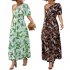 Women One Shoulder Dress Summer Short Sleeves Floral Printing Long Skirt Simple Elegant Lace up Dress black L