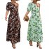 Women One Shoulder Dress Summer Short Sleeves Floral Printing Long Skirt Simple Elegant Lace up Dress black L