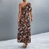 Women One Shoulder Dress Summer Short Sleeves Floral Printing Long Skirt Simple Elegant Lace up Dress black L