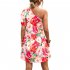 Women One Shoulder Dress Summer Puff Short Sleeves Elegant A line Skirt Sweet Floral Printing Short Skirt orange S