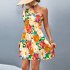 Women One Shoulder Dress Summer Puff Short Sleeves Elegant A line Skirt Sweet Floral Printing Short Skirt orange S
