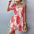 Women One Shoulder Dress Summer Puff Short Sleeves Elegant A line Skirt Sweet Floral Printing Short Skirt orange S