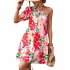 Women One Shoulder Dress Summer Puff Short Sleeves Elegant A line Skirt Sweet Floral Printing Short Skirt orange S