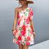 Women One Shoulder Dress Summer Puff Short Sleeves Elegant A line Skirt Sweet Floral Printing Short Skirt orange S