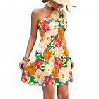 Women One Shoulder Dress Summer Puff Short Sleeves Elegant A-line Skirt Sweet Floral Printing Short Skirt orange S