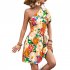 Women One Shoulder Dress Summer Puff Short Sleeves Elegant A line Skirt Sweet Floral Printing Short Skirt orange S