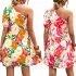 Women One Shoulder Dress Summer Puff Short Sleeves Elegant A line Skirt Sweet Floral Printing Short Skirt orange S