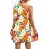 Women One Shoulder Dress Summer Puff Short Sleeves Elegant A line Skirt Sweet Floral Printing Short Skirt orange S