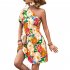 Women One Shoulder Dress Summer Puff Short Sleeves Elegant A line Skirt Sweet Floral Printing Short Skirt orange S