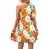 Women One Shoulder Dress Summer Puff Short Sleeves Elegant A line Skirt Sweet Floral Printing Short Skirt orange S
