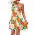 Women One Shoulder Dress Summer Puff Short Sleeves Elegant A line Skirt Sweet Floral Printing Short Skirt orange S
