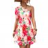 Women One Shoulder Dress Summer Puff Short Sleeves Elegant A line Skirt Sweet Floral Printing Short Skirt orange S