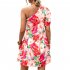 Women One Shoulder Dress Summer Puff Short Sleeves Elegant A line Skirt Sweet Floral Printing Short Skirt orange S