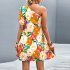 Women One Shoulder Dress Summer Puff Short Sleeves Elegant A line Skirt Sweet Floral Printing Short Skirt orange S