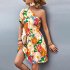 Women One Shoulder Dress Summer Puff Short Sleeves Elegant A line Skirt Sweet Floral Printing Short Skirt orange S