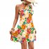 Women One Shoulder Dress Summer Puff Short Sleeves Elegant A line Skirt Sweet Floral Printing Short Skirt orange S
