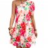 Women One Shoulder Dress Summer Puff Short Sleeves Elegant A line Skirt Sweet Floral Printing Short Skirt orange S