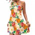 Women One Shoulder Dress Summer Puff Short Sleeves Elegant A line Skirt Sweet Floral Printing Short Skirt orange S