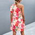 Women One Shoulder Dress Summer Puff Short Sleeves Elegant A line Skirt Sweet Floral Printing Short Skirt orange S