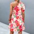 Women One Shoulder Dress Summer Puff Short Sleeves Elegant A line Skirt Sweet Floral Printing Short Skirt orange S