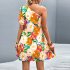 Women One Shoulder Dress Summer Puff Short Sleeves Elegant A line Skirt Sweet Floral Printing Short Skirt orange M
