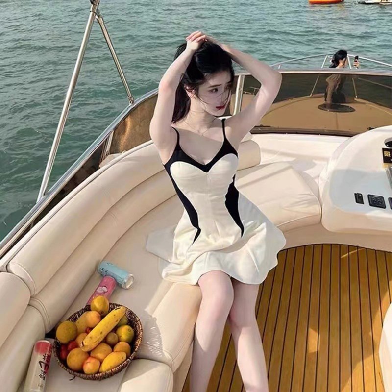 Women One-piece Swimsuit Casual Contrast Color Sleeveless Breathable Conservative Swimwear beige XL