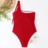 Women One piece Swimsuit Sexy One Shoulder Tassel Multi color Swimwear Sleeveless Solid Color Swimsuit red M