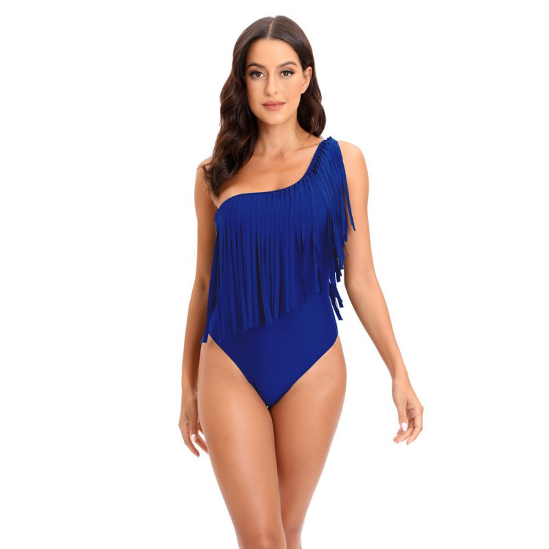 Women One-piece Swimsuit Sexy One Shoulder Tassel Multi-color Swimwear Sleeveless Solid Color Swimsuit blue XXL
