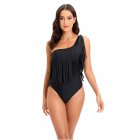Women One-piece Swimsuit Sexy One Shoulder Tassel Multi-color Swimwear Sleeveless Solid Color Swimsuit black S