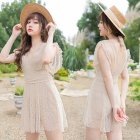 Women One-piece Swimsuit Summer Short Sleeves Simple Solid Color Swimwear For Swimming Hot Spring apricot M