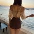 Women One piece Swimsuit Elegant Lace Sexy Slim Fit Lace up Backless Bodysuit Swimwear For Beach Swimming As shown L