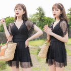 Women One-piece Swimsuit Summer Short Sleeves Simple Solid Color Swimwear For Swimming Hot Spring black M