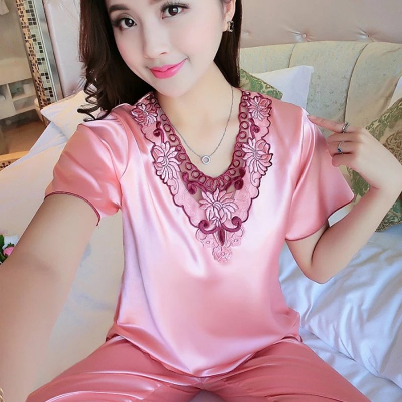 Wholesale Women Pajamas Sets Thin Pants Short Sleeve Tops Sleepwear Suit  Shrimp yellow_2XL From China