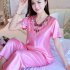 Women Pajamas Sets Thin Pants Short Sleeve Tops Sleepwear Suit Shrimp yellow L