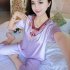 Women Pajamas Sets Thin Pants Short Sleeve Tops Sleepwear Suit Pink L