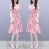 Women Pink Tight Waist Lacing Stripe Printing Short Sleeve Dress Pink L