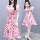 Women Pink Tight Waist Lacing Stripe Printing Short Sleeve Dress Pink L