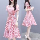 Women Pink Tight Waist Lacing Stripe Printing Short Sleeve Dress Pink S