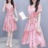 Women Pink Tight Waist Lacing Stripe Printing Short Sleeve Dress Pink S