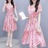 Women Pink Tight Waist Lacing Stripe Printing Short Sleeve Dress Pink M