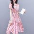 Women Pink Tight Waist Lacing Stripe Printing Short Sleeve Dress Pink XXXL