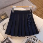 Women Pleated Skirt Summer Sexy High Waist Lace-up Simple Elegant Solid Color A-line Skirt 1812 navy blue L