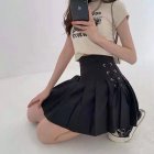 Women Pleated Skirt Summer Sexy High Waist Lace-up Simple Elegant Solid Color A-line Skirt 1812 black XL